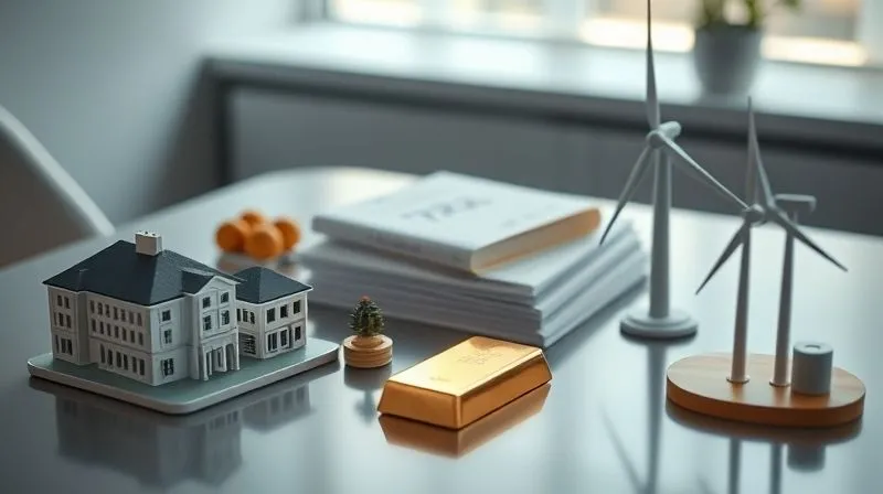 photorealistic, professional photography, 8K, cinematic lighting, sharp focus, depth of field, shot on a high-end DSLR. A diverse collection of tangible and symbolic investment items arranged on a modern, minimalist table: miniature real estate models, a small gold bar, a stack of sleek financial documents representing private equity, and a miniature wind turbine symbolizing infrastructure. The items are bathed in soft, strategic lighting, emphasizing their distinct forms yet cohesive presence as a diversified portfolio.