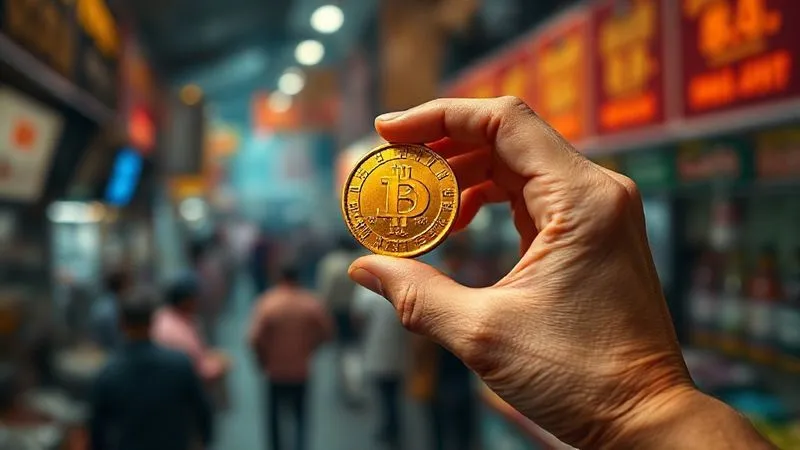 photorealistic, professional photography, 8K, cinematic lighting, sharp focus, depth of field, shot on a high-end DSLR, a hand holding a single gold coin, with a blurry background of a bustling market where prices are subtly indicated as rising, conveying the concept of gold as an inflation hedge and a stable store of value amidst economic flux, emotionally resonant.