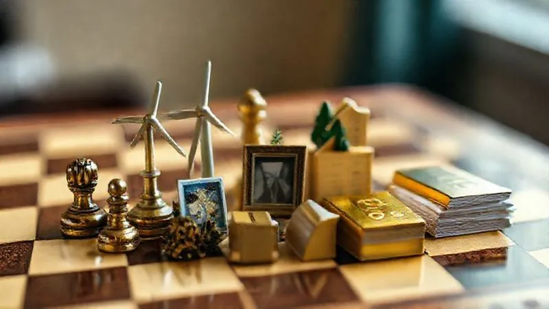 photorealistic, professional photography, 8K, cinematic lighting, sharp focus, depth of field, shot on a high-end DSLR, a diverse collection of miniature alternative investment symbols on a chessboard, including a small wind turbine, a tiny art piece, a stack of private equity documents, and a gold bar, strategically placed to avoid traditional stock market pieces, conveying smart diversification, emotionally resonant.