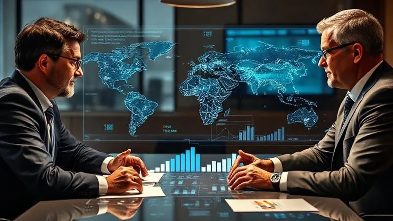 photorealistic, professional photography, 8K, cinematic lighting, sharp focus, depth of field, shot on a high-end DSLR, a diverse group of professionals (an economist, a financial advisor, and an investor) gathered around a table with a holographic display of global economic data and charts, engaged in serious discussion, conveying expert consultation and informed decision-making, emotionally resonant.