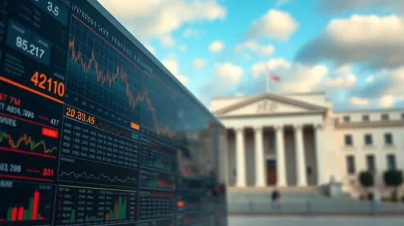 A photorealistic image of a complex financial dashboard displaying various market indicators and charts, with a subtle overlay of a graph showing rising interest rates. In the background, a blurred image of the Federal Reserve building stands under a partly cloudy sky. Professional photography, 8K, cinematic lighting, sharp focus on the dashboard, depth of field blurring the background.