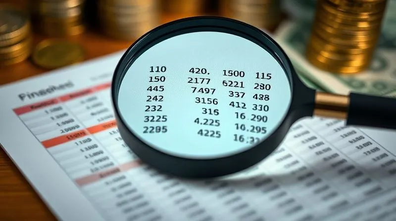 Photorealistic, professional photography, 8K, cinematic lighting, sharp focus, depth of field, shot on a high-end DSLR. A detailed financial spreadsheet with numbers highlighted in red and green, overlaid with a magnifying glass focusing on critical data points, symbolizing a thorough financial audit during a crisis. The background shows blurred stacks of coins and bills.