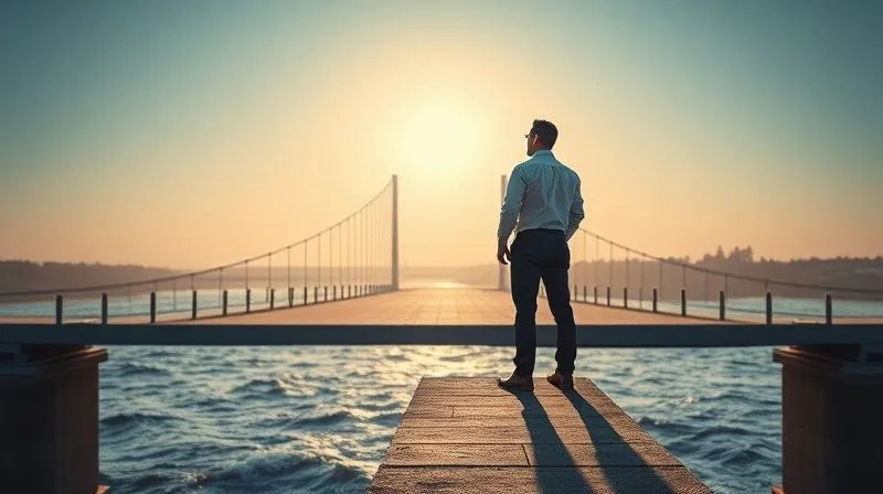Photorealistic, professional photography, 8K, cinematic lighting, sharp focus, depth of field, shot on a high-end DSLR. A person standing confidently at the edge of a newly built, sturdy bridge, looking towards a bright, clear horizon after successfully crossing a turbulent river. The bridge symbolizes strategic financial recovery, and the horizon represents future stability and opportunity. The lighting is warm and hopeful.