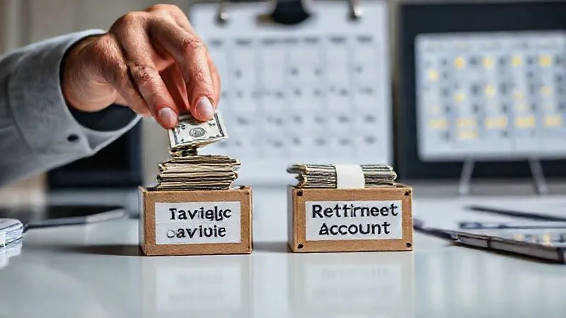 photorealistic, professional photography, 8K, cinematic lighting, sharp focus, depth of field, shot on a high-end DSLR, a person meticulously organizing financial documents and moving miniature stacks of money from one labeled box ('Taxable Savings') to another labeled 'Retirement Account' on a clean, modern desk. The background shows a calendar with future dates highlighted, emphasizing proactive planning. The scene conveys careful financial strategy and foresight.