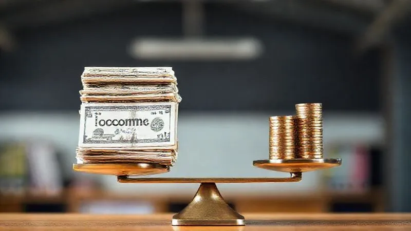 photorealistic, professional photography, 8K, cinematic lighting, sharp focus, depth of field, shot on a high-end DSLR, a balanced scale with one side heavily weighted down by a stack of currency notes labeled 'Income' and the other side holding a much smaller stack of coins labeled 'Assets'. The background is a blurred academic setting, subtly suggesting the context of financial aid. The image visually conveys the disproportionate impact of income over assets.