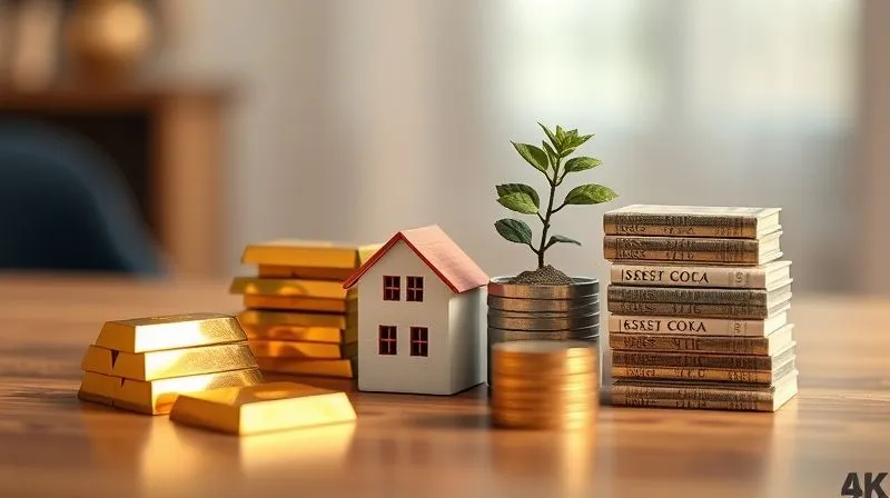 A photorealistic, professional photography, 8K, cinematic lighting, sharp focus, depth of field, shot on a high-end DSLR, depicting a diverse array of assets: a stack of gold bars, a miniature house model, a small vibrant green plant, and a neatly arranged stack of bonds, all sitting securely on a wooden table, symbolizing a robust and diversified portfolio designed for stability and growth against economic challenges. The background is softly blurred, focusing attention on the assets.