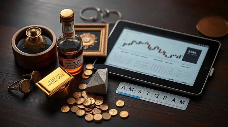 A photorealistic, professional photography, 8K, cinematic lighting, sharp focus, depth of field, shot on a high-end DSLR, showcasing a collection of diverse, intriguing alternative investments: a polished gold bar, a small, elegant bottle of fine vintage wine, a fragment of rare art, and a digital tablet displaying complex financial charts related to private equity. These items are arranged on a dark, rich wooden surface, suggesting exclusivity and sophisticated diversification beyond traditional assets.