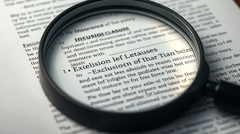 A photorealistic image of a magnifying glass hovering over complex, dense legal text in an insurance policy document, highlighting specific exclusion clauses. The lighting is professional and focused, emphasizing the intricate details of the document. Shot on a high-end DSLR, 8K, with shallow depth of field.