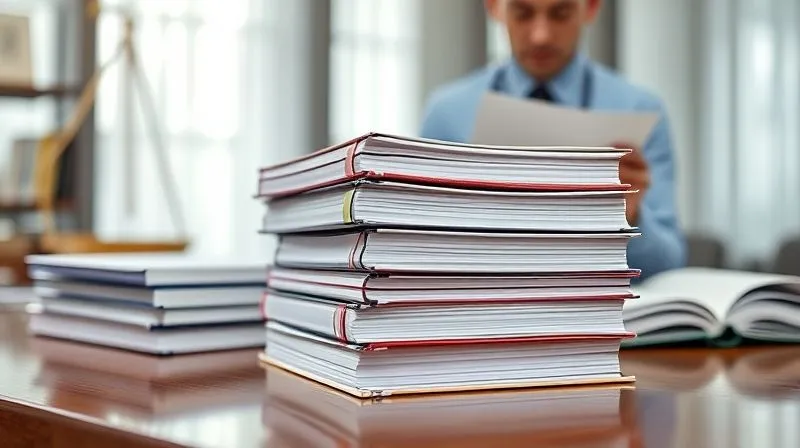 A photorealistic image of a stack of thick regulatory binders and legal texts on a polished wooden desk, with a focused business professional reviewing documents in the background. Cinematic lighting highlights the meticulous details, conveying a sense of diligent compliance. Shot on a high-end DSLR, 8K, with depth of field.