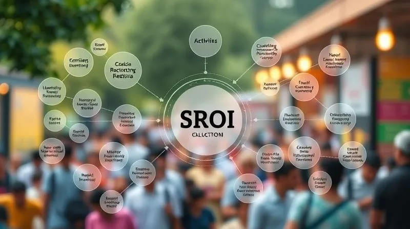 A photorealistic 8K image of a complex but clear infographic diagram illustrating the Social Return on Investment (SROI) calculation process, showing interconnected bubbles representing inputs, activities, outputs, and outcomes, culminating in a monetary value ratio. Cinematic lighting, sharp focus, depth of field blurring a background of a vibrant community. Professional photography.