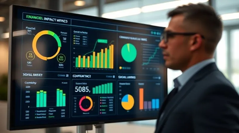 A photorealistic 8K professional photography shot of a sleek, modern digital dashboard displaying a combination of financial and social impact metrics. The screen shows clear charts, graphs, and key performance indicators (KPIs) like 'Financial ROI,' 'SROI Ratio,' 'Jobs Created,' and 'Community Health Index,' all glowing with cinematic lighting in a professional office setting. Sharp focus on the dashboard, depth of field blurring a thoughtful investor in the background.