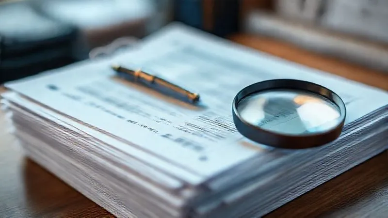 photorealistic, professional photography, 8K, cinematic lighting, sharp focus, depth of field, shot on a high-end DSLR. A stack of financial documents, neatly organized with tabs and labels, a pen resting on top, and a magnifying glass nearby, symbolizing meticulous record-keeping and investigation.