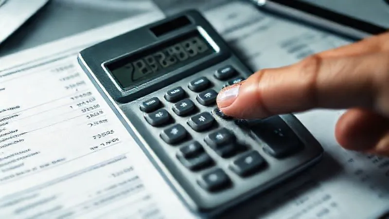 photorealistic, professional photography, 8K, cinematic lighting, sharp focus, depth of field, shot on a high-end DSLR. A calculator showing negative numbers, surrounded by various financial statements and a focused hand pointing to a specific line item, illustrating the quantification of financial losses.