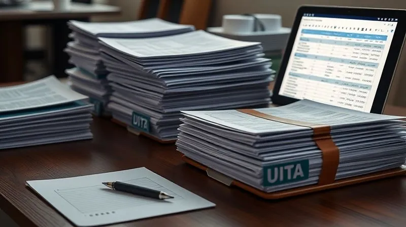 A photorealistic, professional photography, 8K, cinematic lighting, sharp focus, depth of field, shot on a high-end DSLR. A well-organized desk with stacks of financial documents, neatly categorized in folders with labels, a laptop displaying a spreadsheet, and a pen and notepad for meticulous record-keeping. The scene conveys diligence and thoroughness in data collection.