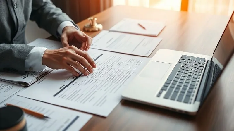 A photorealistic, professional photography, 8K, cinematic lighting, sharp focus, depth of field, shot on a high-end DSLR. A legal professional's hands meticulously arranging documents and a timeline on a large table, with a laptop open to legal research. The scene conveys strategy, organization, and the process of building a strong legal argument, with soft, focused lighting.