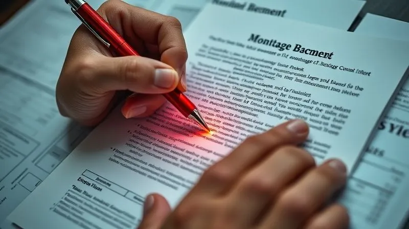 A photorealistic close-up of a hand highlighting complex legal jargon in a mortgage document with a red pen, surrounded by blurred financial reports. professional photography, 8K, cinematic lighting, sharp focus, depth of field, shot on a high-end DSLR.