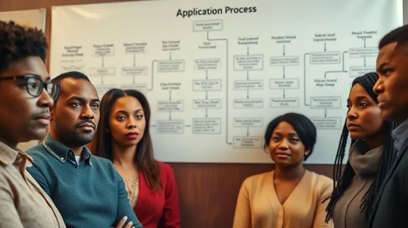 A photorealistic image of a diverse group of individuals looking at a complex flowchart with various paths and decision points, some leading to dead ends or unfavorable outcomes. The chart is labeled 'Mortgage Application Process'. The individuals appear confused or concerned, representing the challenge of navigating discriminatory practices. Professional photography, 8K, cinematic lighting, sharp focus on the flowchart and faces, depth of field blurring the background, shot on a high-end DSLR. The mood is one of subtle frustration and inquiry.