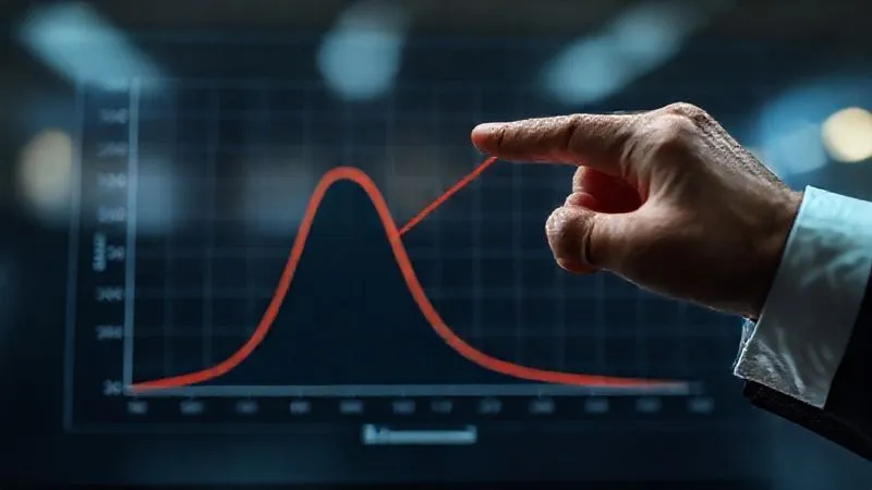 photorealistic, professional photography, 8K, cinematic lighting, sharp focus, depth of field, shot on a high-end DSLR, a clear financial graph illustrating a normal distribution curve with a distinct 'fat tail' on the left, highlighting the difference between VaR and CVaR thresholds, with a professional hand pointing to the CVaR region, symbolizing deeper risk analysis.