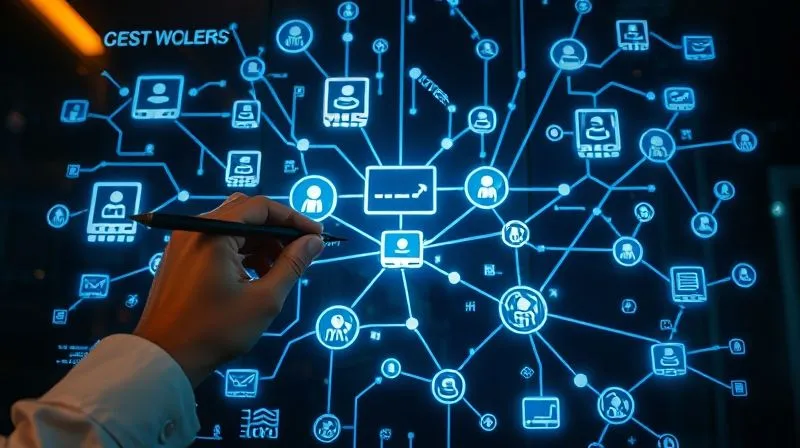 A photorealistic, professional photography image from a top-down perspective, showing a complex network diagram projected onto a glass table. Glowing lines connect various digital assets like servers, databases, and user icons, with some highlighted as 'critical.' A human hand with a stylus is tracing a connection, cinematic lighting, sharp focus, depth of field, shot on a high-end DSLR, 8K hyper-detailed.