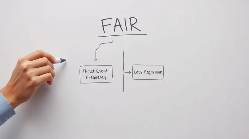 A photorealistic, professional photography image of a clean, minimalist whiteboard with the FAIR (Factor Analysis of Information Risk) model diagram clearly drawn. The diagram shows interconnected boxes representing Threat Event Frequency and Probable Loss Magnitude, with arrows indicating relationships. A hand is holding a marker, pointing to a specific element. Cinematic lighting, sharp focus, depth of field, shot on a high-end DSLR, 8K hyper-detailed.