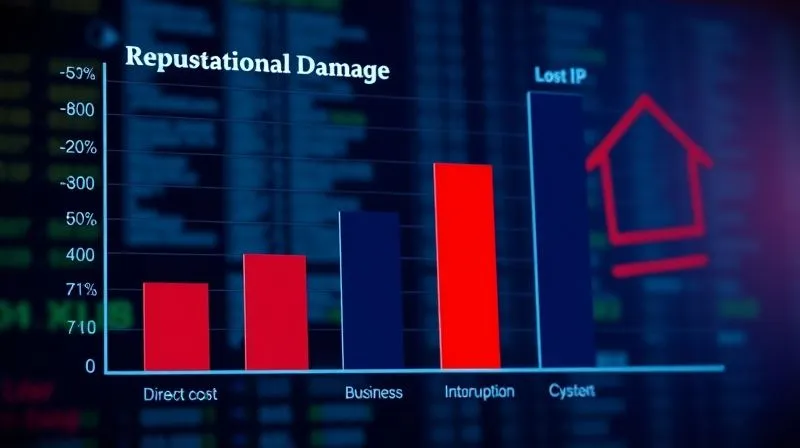 A photorealistic, professional photography image of a stylized financial bar chart or line graph, showing different categories of cyber attack costs: 'Direct Costs', 'Business Interruption', 'Reputational Damage', and 'Lost IP'. The bars are distinct and clearly labeled, with the 'Reputational Damage' bar being significantly larger. Cinematic lighting, sharp focus on the graph, depth of field, shot on a high-end DSLR, 8K hyper-detailed.