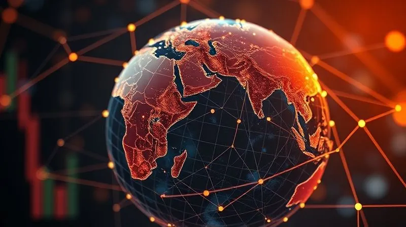 photorealistic, professional photography, 8K, cinematic lighting, sharp focus, depth of field, shot on a high-end DSLR, a complex, illuminated 3D globe showing interconnected lines representing global trade and political relationships, with subtle red zones indicating areas of potential conflict or instability, financial data streams flowing across the surface, conveying a sense of global interconnectedness and latent risk, a thoughtful, strategic atmosphere.