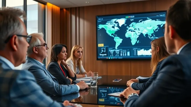 photorealistic, professional photography, 8K, cinematic lighting, sharp focus, depth of field, shot on a high-end DSLR, a diverse group of serious professionals in a modern boardroom, looking at a large interactive screen displaying complex scenario trees and geopolitical maps, cinematic lighting highlighting their focused expressions, depth of field blurring the background, conveying strategic planning and foresight.
