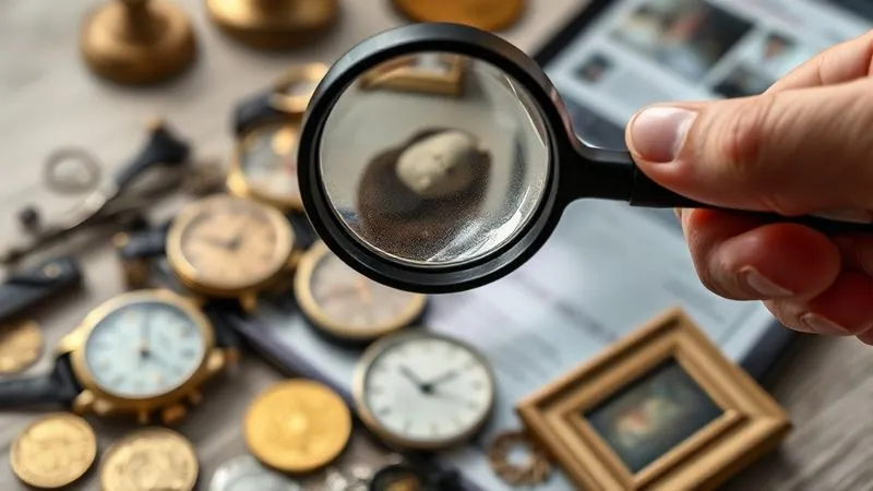 A photorealistic close-up of a hand holding a magnifying glass over a diverse collection of valuable items like a vintage watch, a gold coin, and a small, framed artwork, with a digital tablet in the background showing online auction listings. Professional photography, 8K, cinematic lighting, sharp focus, depth of field, shot on a high-end DSLR.