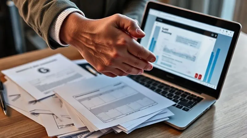 A photorealistic image showing two hands shaking over a stack of various financial documents and a laptop displaying a loan application, symbolizing a strategic borrowing decision. Professional photography, 8K, cinematic lighting, sharp focus, depth of field, shot on a high-end DSLR, with a subtle glow around the hands.