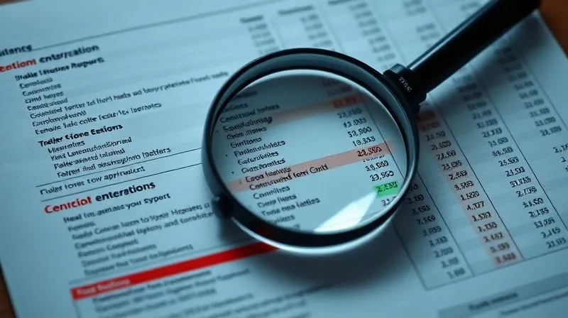 A photorealistic image of a detailed financial report with sections highlighted in red for errors and green for correct data, a magnifying glass over a specific line item, cinematic lighting, sharp focus, depth of field, 8K hyper-detailed, professional photography, shot on a high-end DSLR.