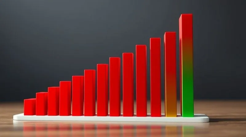 A photorealistic 3D bar chart showing credit utilization ratios over time, with a clear downward trend in red bars turning to green, representing successful debt reduction, cinematic lighting, sharp focus, depth of field, 8K hyper-detailed, professional photography, shot on a high-end DSLR.