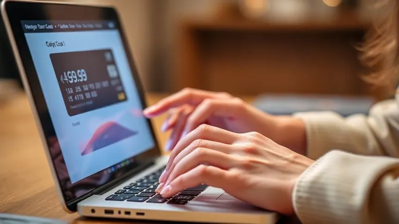 A close-up, photorealistic image of a professional woman's hands meticulously organizing and paying bills online, with a focused expression. A digital screen displays a credit card balance rapidly decreasing. Cinematic lighting, sharp focus on the hands and screen, depth of field, 8K, shot on a high-end DSLR.