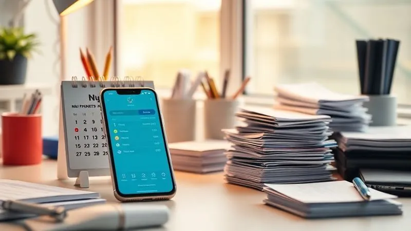 A photorealistic, highly organized desk setup with a calendar displaying upcoming payment reminders, a smartphone with a banking app open, and neatly stacked bills. The lighting is bright and clean, emphasizing order and control. Sharp focus on the digital and physical organization, 8K, shot on a high-end DSLR.