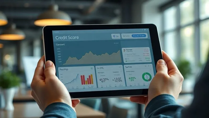 A close-up, photorealistic image of a person's hands holding a tablet, displaying a credit score dashboard with an upward-trending graph and positive financial metrics. The background is a blurred, modern office environment. Cinematic lighting, sharp focus on the tablet screen, 8K, shot on a high-end DSLR.