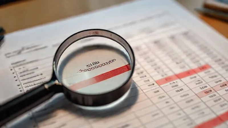A photorealistic image of a detailed financial ledger with red ink marking losses, a magnifying glass hovering over a specific line item, professional office setting, cinematic lighting, sharp focus on the ledger, depth of field, 8K hyper-detailed.