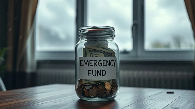 photorealistic, professional photography, 8K, cinematic lighting, sharp focus, depth of field, shot on a high-end DSLR. A clear glass jar labeled 'Emergency Fund' filled with crisp banknotes and coins, sitting securely on a sturdy wooden table. In the background, a storm rages outside a window, but the interior room is calm and well-lit, symbolizing protection and peace of mind during financial turbulence. The focus is on the jar, conveying security and readiness.