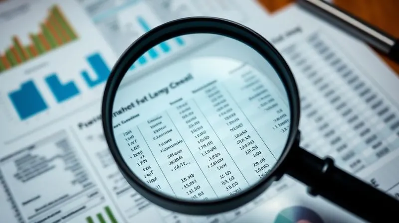A photorealistic image of a magnifying glass hovering over a complex financial spreadsheet, revealing intricate details and highlighting anomalies. The background shows blurred financial documents and charts. Cinematic lighting, sharp focus on the magnifying glass and spreadsheet, depth of field, 8K hyper-detailed, professional photography, shot on a high-end DSLR.