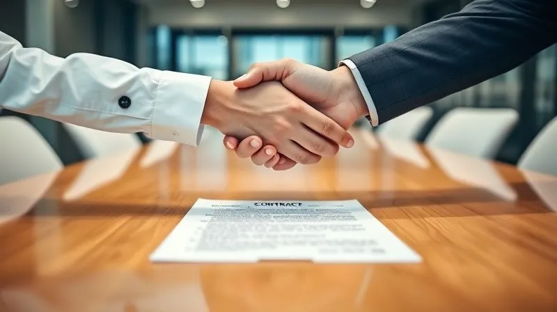 A photorealistic image of two professional hands shaking across a polished boardroom table, with a blurred contract document in the foreground. The handshake conveys agreement and negotiation. Cinematic lighting, sharp focus on the hands, depth of field, 8K hyper-detailed, professional photography, shot on a high-end DSLR.