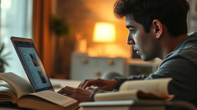 photorealistic, professional photography, 8K, cinematic lighting, sharp focus, depth of field, shot on a high-end DSLR. A person intently focused on a laptop screen, surrounded by open books and a networking event badge, in a cozy, well-lit home office setting. The screen displays an online course interface, and behind them, a subtle glow suggests a vibrant online community. The image conveys dedication to learning and networking through affordable, accessible means, symbolizing proactive skill acquisition and connection-building during a career pivot.