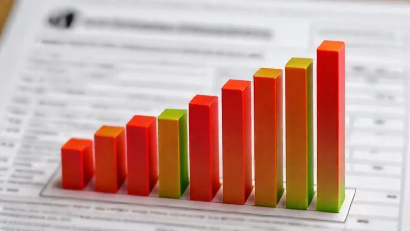 A photorealistic 3D bar chart illustrating the impact of credit utilization on FICO scores, with bars sharply dropping as utilization percentages increase. The chart uses a gradient from green (low utilization) to red (high utilization), set against a backdrop of a blurred mortgage application form. Professional photography, 8K, cinematic lighting, sharp focus on the chart, depth of field, shot on a high-end DSLR.