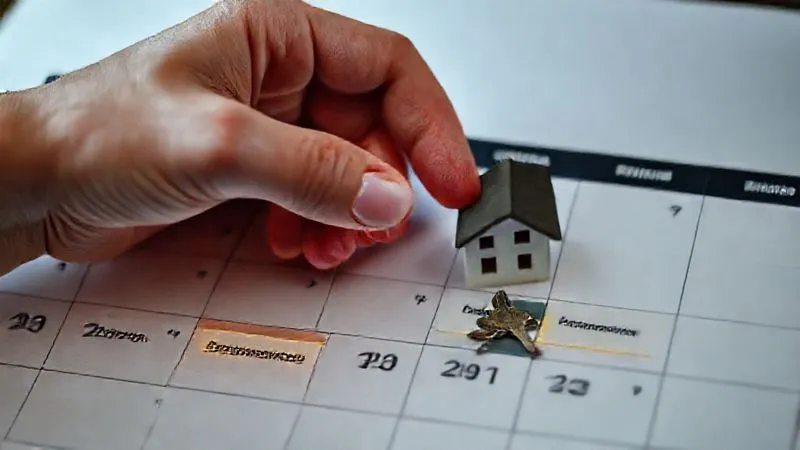 A photorealistic image of a calendar with specific dates highlighted for 'Credit Card Payment Due' and 'Statement Close Date,' showing an arrow indicating a payment made before the statement closes. A hand is gently placing a small house key on the calendar. Professional photography, 8K, cinematic lighting, sharp focus on the calendar and hand, depth of field, shot on a high-end DSLR.