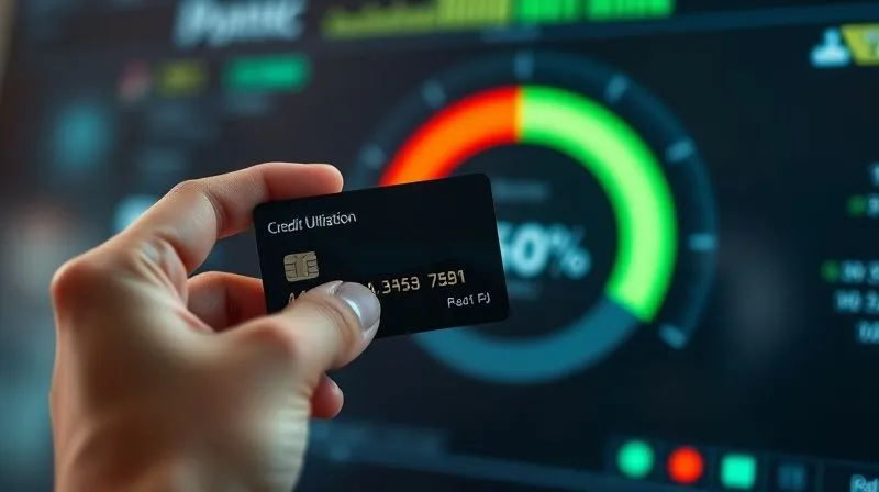 A photorealistic, professional photography, 8K, cinematic lighting, sharp focus, depth of field, shot on a high-end DSLR. A hand holds a credit card, while the background features a digital interface displaying a credit utilization meter, clearly showing a low percentage (e.g., 10-15%) in green, with a blurred high percentage in red in the distance. The overall mood is one of control and financial health.