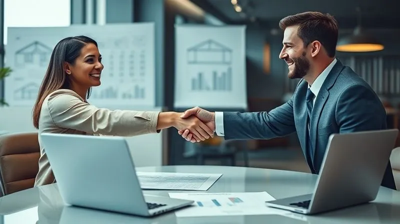 A photorealistic, professional photography, 8K, cinematic lighting, sharp focus, depth of field, shot on a high-end DSLR. A confident young couple is shaking hands with a friendly, professional mortgage loan officer across a modern office desk, with architectural blueprints and a laptop displaying financial charts in the background. The atmosphere is positive and decisive, symbolizing a successful mortgage application.