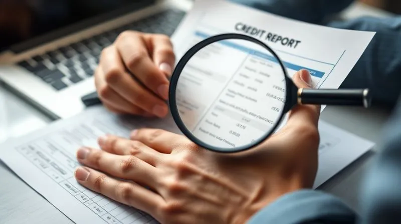 A photorealistic image of a person's hands meticulously reviewing a printed credit report, highlighted sections indicating errors, with a magnifying glass over a specific detail. Cinematic lighting, sharp focus on the report and hands, depth of field blurring a laptop in the background, 8K hyper-detailed, professional photography.