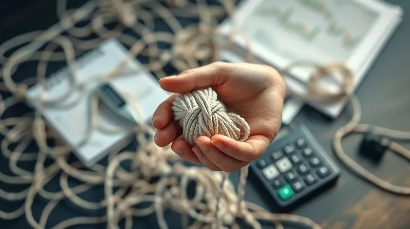 A photorealistic image depicting a complex web of financial obligations (represented by entangled strings) being neatly gathered and simplified into a single, organized knot, illustrating debt consolidation. Cinematic lighting, sharp focus on the hands simplifying the strings, depth of field blurring a calculator and financial documents, 8K hyper-detailed, professional photography.