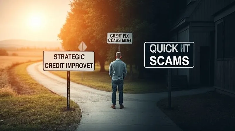 A photorealistic image of a person standing at a crossroads, with one path clearly labeled 'Strategic Credit Improvement' leading to a bright, open landscape, and another path labeled 'Quick Fix Scams' leading to a murky, dead-end alley. Cinematic lighting, sharp focus on the person and signs, depth of field blurring the background, 8K hyper-detailed, professional photography.