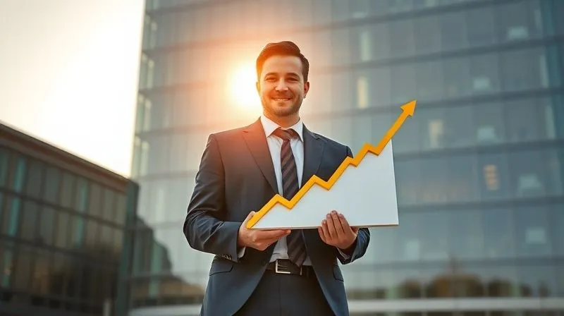 A photorealistic image of a confident professional standing in front of a modern, sleek office building, holding a glowing, upward-trending financial graph. The sun is rising behind them, casting a hopeful glow. Cinematic lighting, sharp focus on the professional and graph, depth of field blurring the background, 8K hyper-detailed, professional photography.