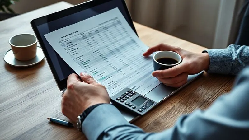 photorealistic, professional photography, 8K, cinematic lighting, sharp focus, depth of field, shot on a high-end DSLR, a person meticulously reviewing a budget spreadsheet on a laptop, with a calculator and coffee cup nearby, symbolizing careful financial planning and expense cutting, a look of focused determination.