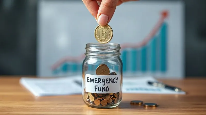 photorealistic, professional photography, 8K, cinematic lighting, sharp focus, depth of field, shot on a high-end DSLR, a hand dropping a coin into a clear glass jar labeled 'Emergency Fund', with a blurred background showing a growth chart and financial documents, symbolizing consistent saving and financial growth.