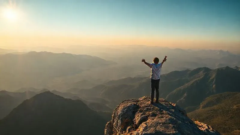 photorealistic, professional photography, 8K, cinematic lighting, sharp focus, depth of field, shot on a high-end DSLR, a person standing confidently at the edge of a mountain overlooking a vast, clear landscape at sunrise, arms outstretched, symbolizing resilience, hope, and a clear vision for a brighter financial future after overcoming adversity.